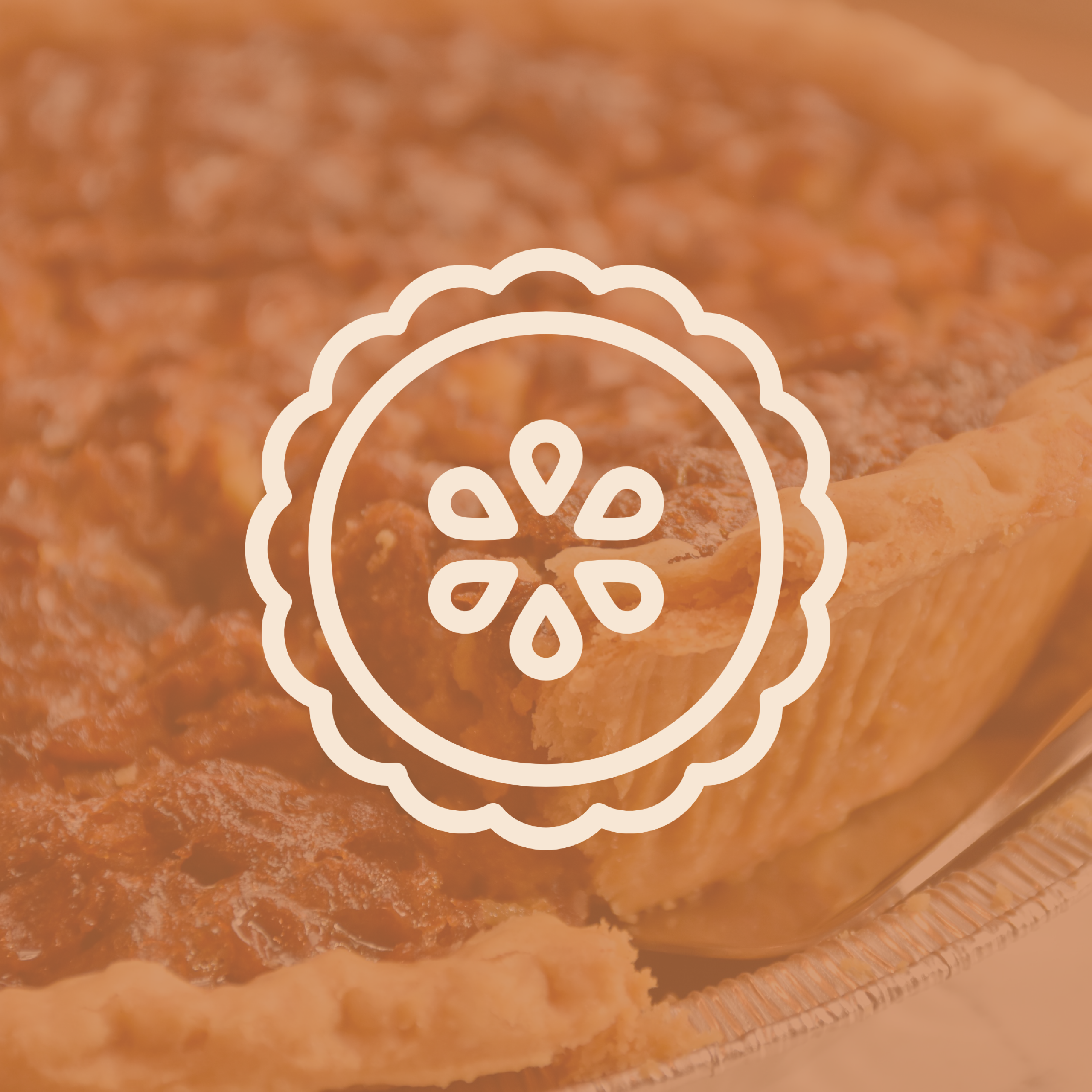 A cream-colored pie logo over the top of a piece of pie