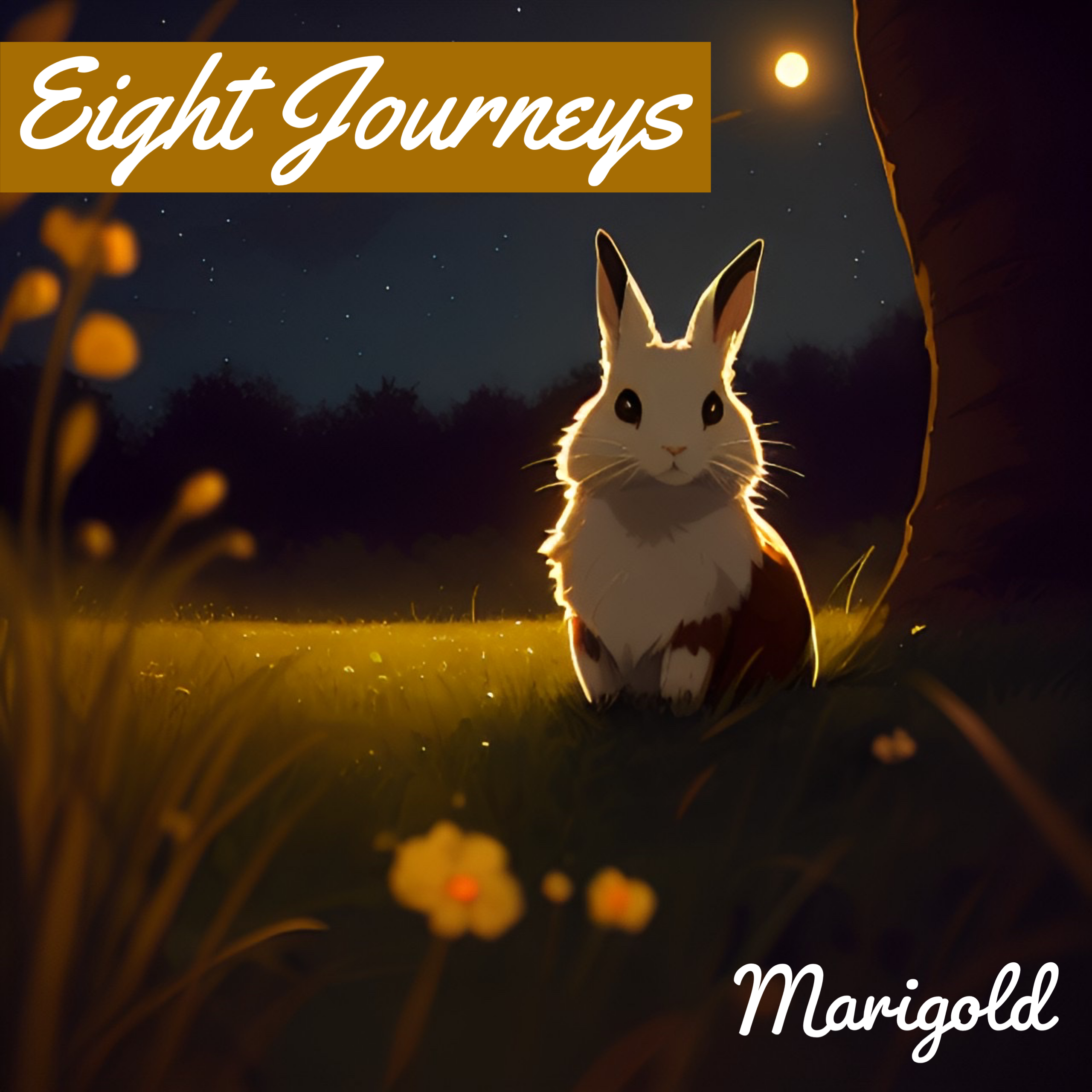 A picture of a rabbit at night with the game title Eight Journeys Marigold around it