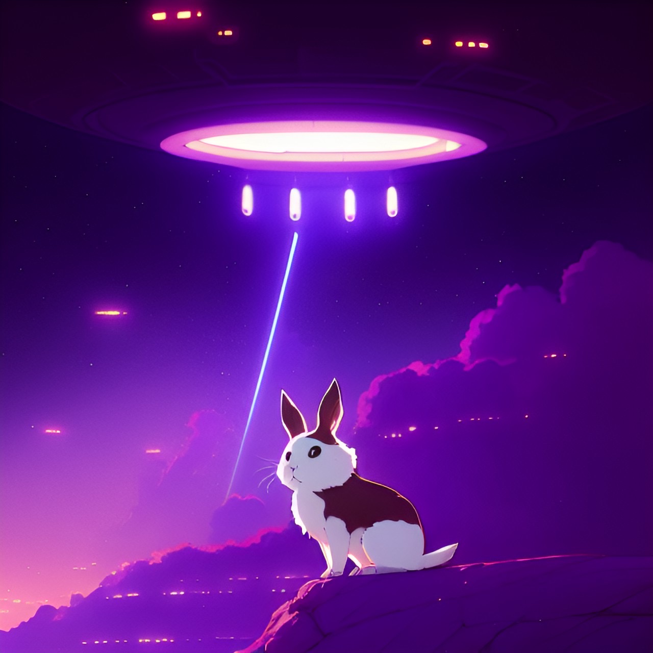A rabbit with an alien ship above it