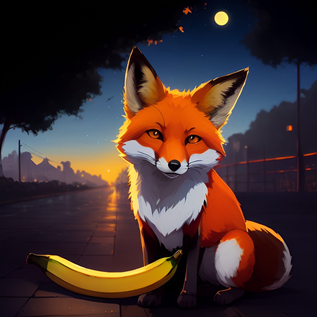 A fox at night with a banana
