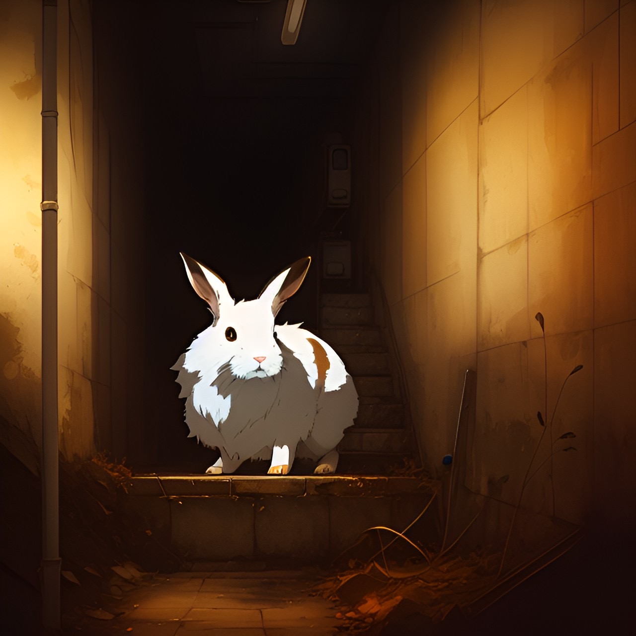 A rabbit trapped in a basement