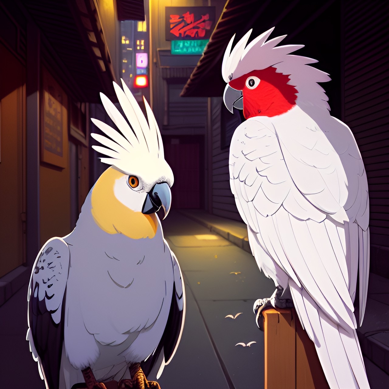 Two parrots in an alley
