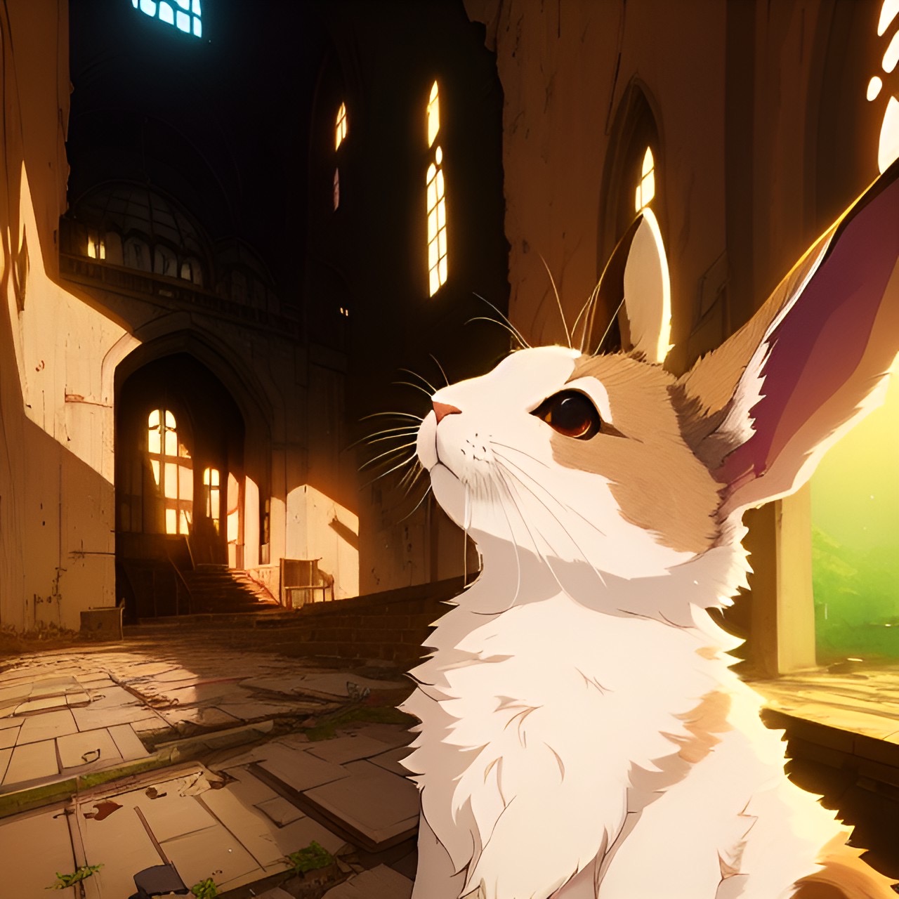 A rabbit looking at an abandoned church