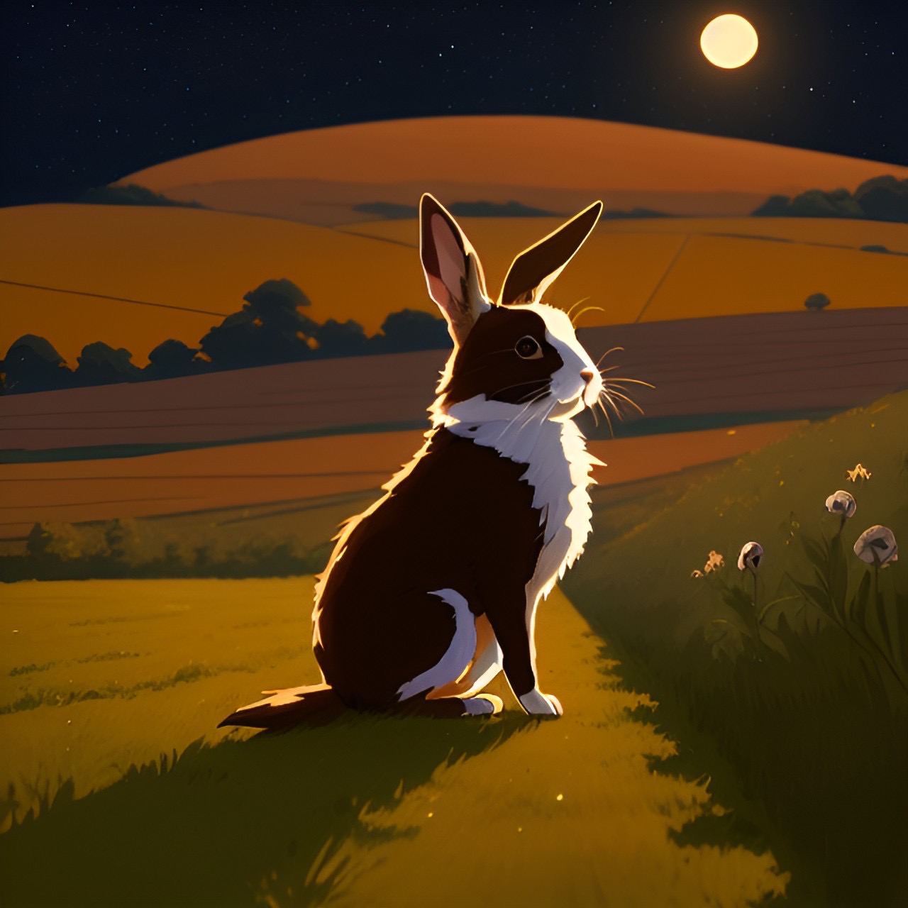 A rabbit in the countryside at night