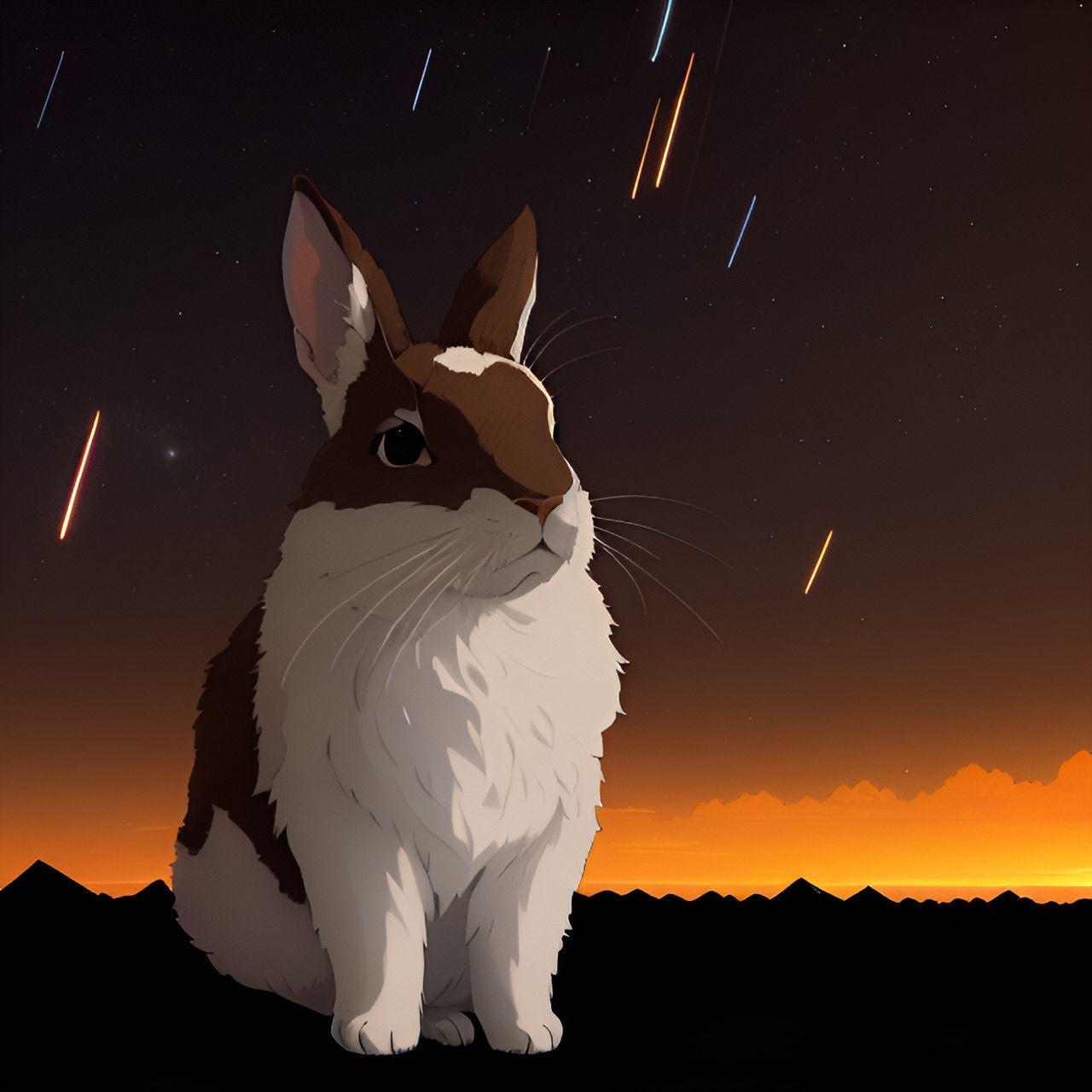 A rabbit watching fire rain from the sky