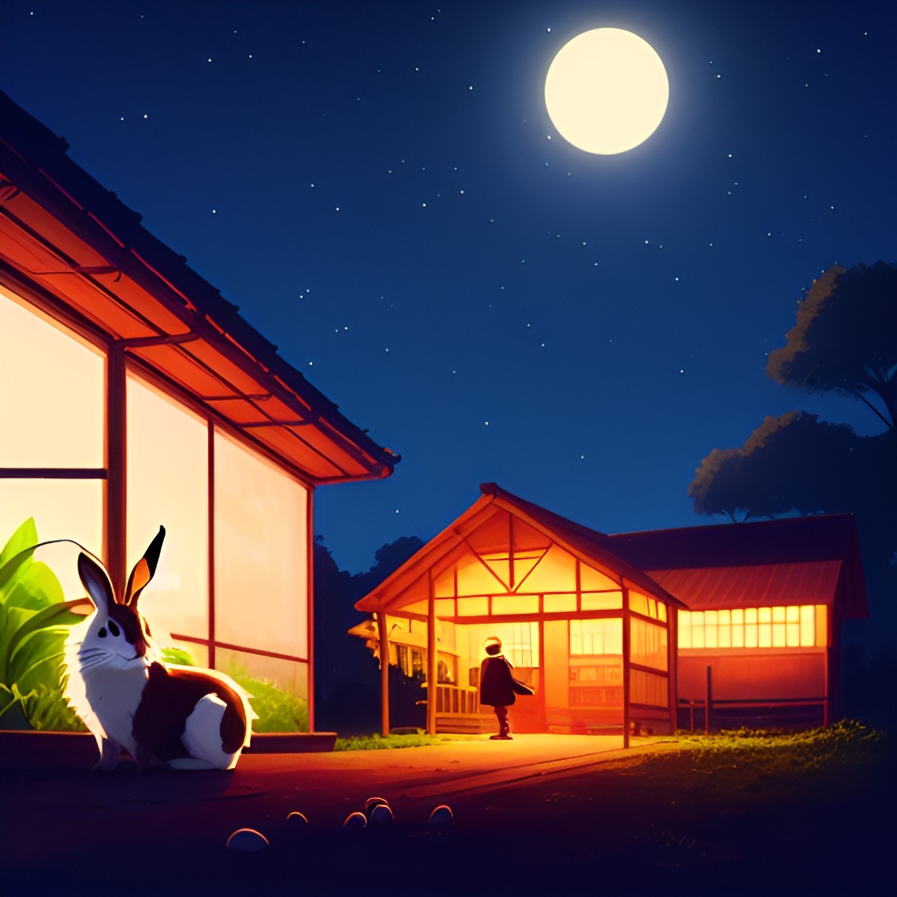 A rabbit in a garden at night