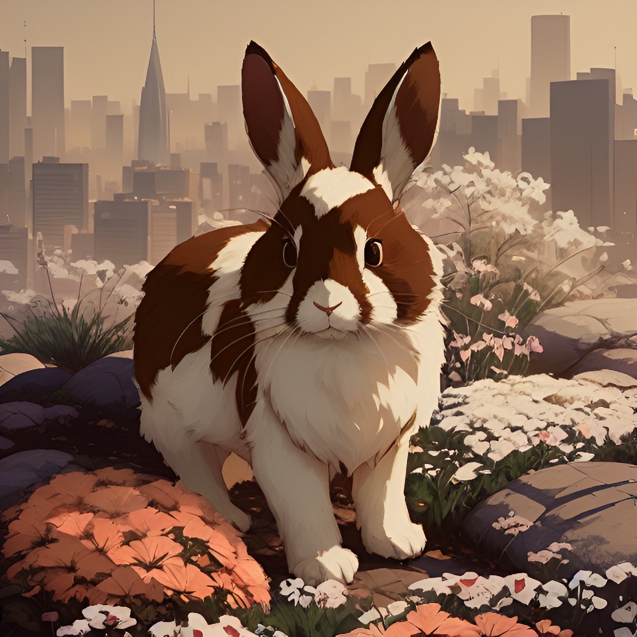 A rabbit in a flower garden in front of a city