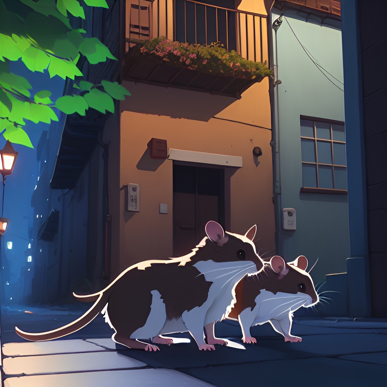 A pair of rats on the street at night