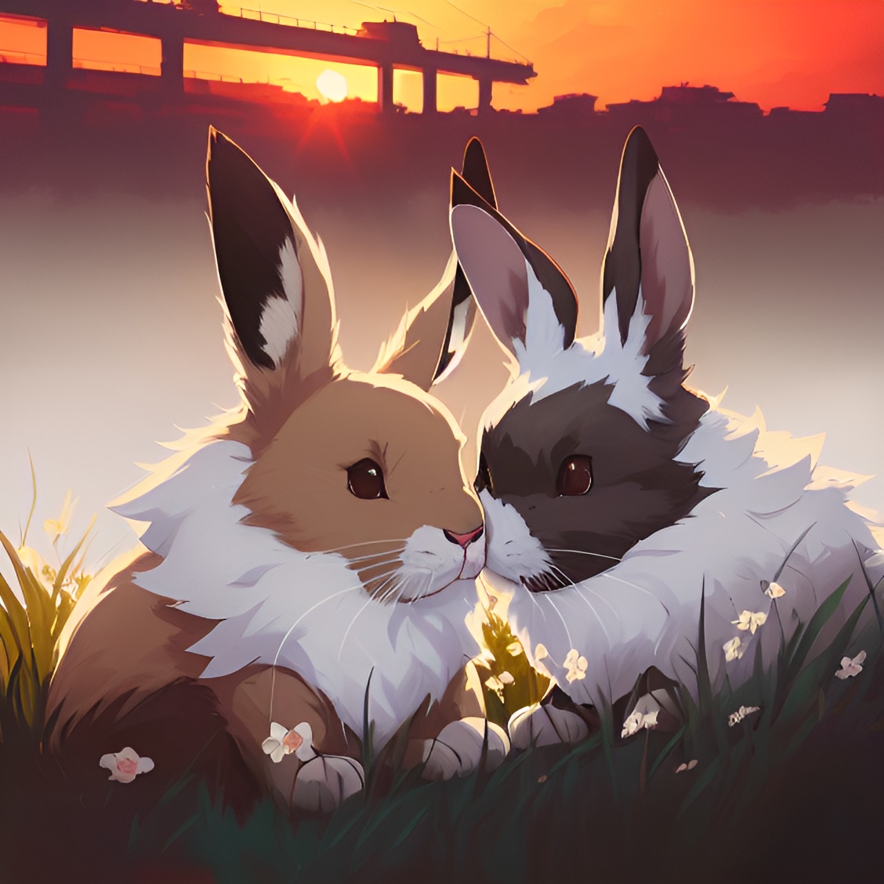 Two rabbits cuddling