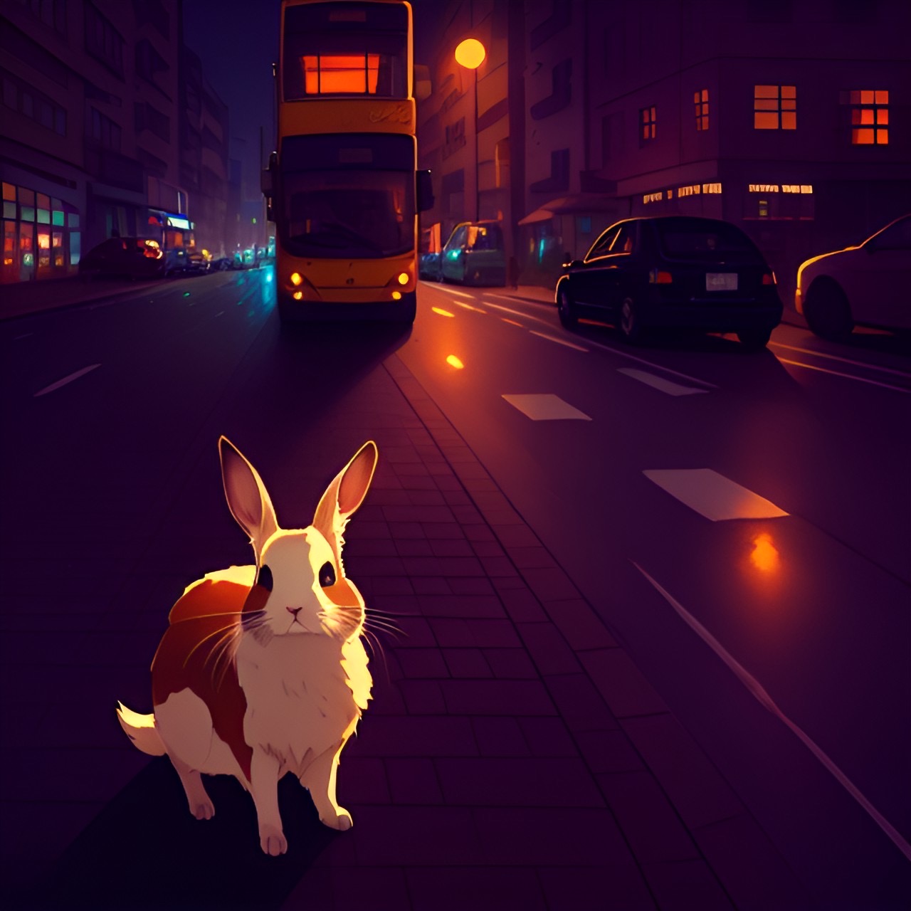 A rabbit on a city street at night